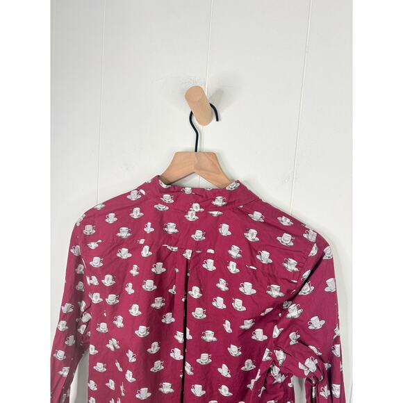 Talbots Tea Time Button Up Shirt Size Medium Petite Coffee Cup Mug Burgundy - Picture 6 of 7